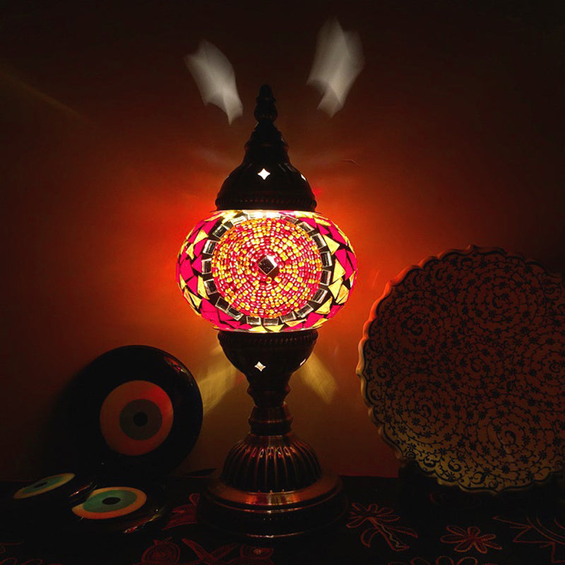 Single Night Stand Light Turkish Bedroom Table Lamp with Spherical Yellow/Red/Blue Glass Shade in Bronze Orange Red Clearhalo 'Lamps' 'Table Lamps' Lighting' 1971286