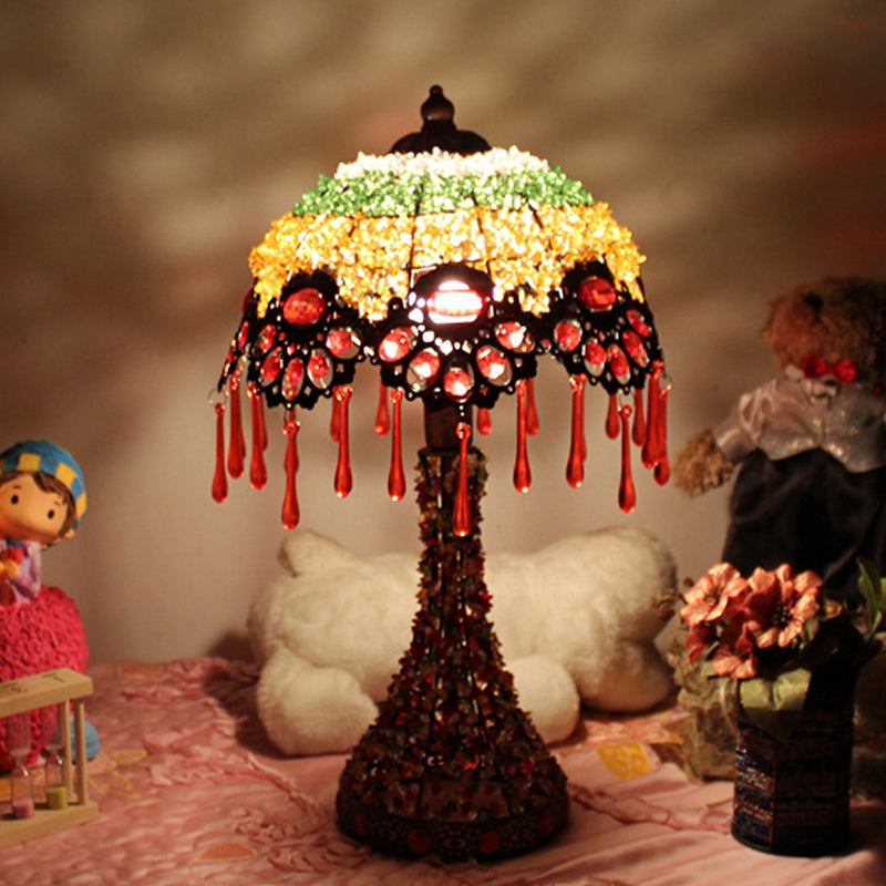 Hand-Woven Scalloped Bedside Table Lamp Bohemian Acrylic 1-Light Copper Night Stand Light with Teardrop Fringe Clearhalo 'Lamps' 'Table Lamps' Lighting' 1971379