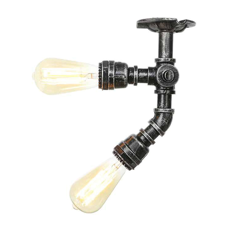 Metal Piping Semi Flush Light Farmhouse 2 Lights Foyer Ceiling Flush Mount in Antique Brass/Aged Silver/Antique Bronze Aged Silver B Clearhalo 'Ceiling Lights' 'Close To Ceiling Lights' 'Close to ceiling' 'Semi-flushmount' Lighting' 1971672