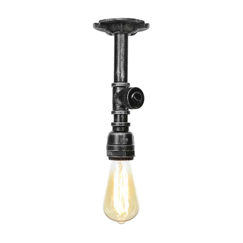 Vintage Pipe Ceiling Mounted Fixture 1 Light Metallic Semi Flush in Aged Silver/Antique Brass/Antique Bronze for Kitchen Aged Silver A Clearhalo 'Ceiling Lights' 'Close To Ceiling Lights' 'Close to ceiling' 'Semi-flushmount' Lighting' 1971682