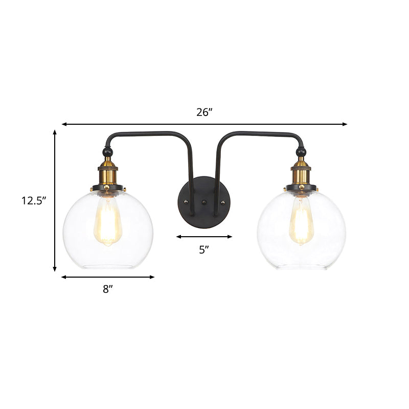 Black Globe/Bowl Sconce Lamp Industrial Style Clear Glass 2 Lights Dining Room Wall Lighting Clearhalo 'Cast Iron' 'Glass' 'Industrial wall lights' 'Industrial' 'Middle century wall lights' 'Modern' 'Tiffany' 'Traditional wall lights' 'Wall Lamps & Sconces' 'Wall Lights' Lighting' 1971818