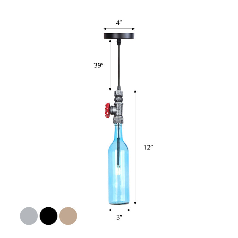 1 Light Pipe Hanging Lighting Industrial Black/Aged Silver/Antique Bronze Metal Pendant Lamp with Wine Bottle Brown/Blue/Green Glass Shade Clearhalo 'Ceiling Lights' 'Chandeliers' 'Glass shade' 'Glass' 'Industrial Pendants' 'Industrial' 'Middle Century Pendants' 'Pendant Lights' 'Pendants' 'Tiffany' Lighting' 1971838