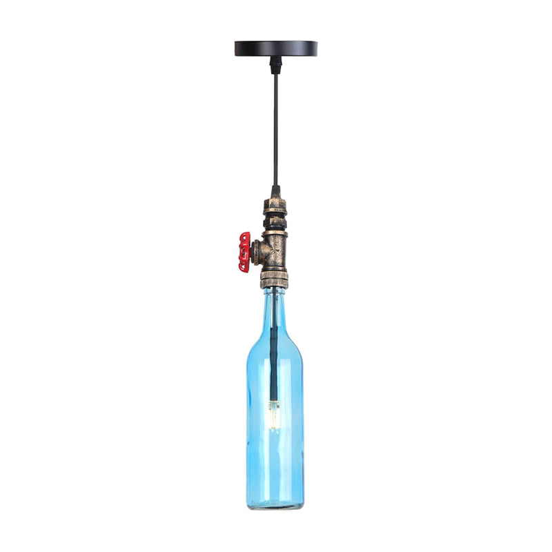 1 Light Pipe Hanging Lighting Industrial Black/Aged Silver/Antique Bronze Metal Pendant Lamp with Wine Bottle Brown/Blue/Green Glass Shade Antique Bronze Blue Clearhalo 'Ceiling Lights' 'Chandeliers' 'Glass shade' 'Glass' 'Industrial Pendants' 'Industrial' 'Middle Century Pendants' 'Pendant Lights' 'Pendants' 'Tiffany' Lighting' 1971842