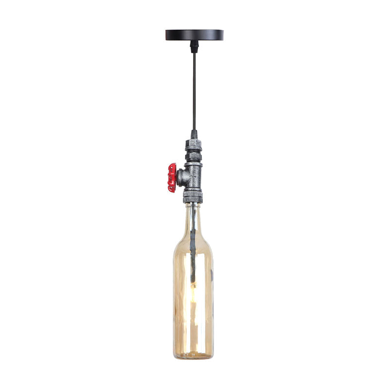 1 Light Pipe Hanging Lighting Industrial Black/Aged Silver/Antique Bronze Metal Pendant Lamp with Wine Bottle Brown/Blue/Green Glass Shade Aged Silver Amber Clearhalo 'Ceiling Lights' 'Chandeliers' 'Glass shade' 'Glass' 'Industrial Pendants' 'Industrial' 'Middle Century Pendants' 'Pendant Lights' 'Pendants' 'Tiffany' Lighting' 1971843