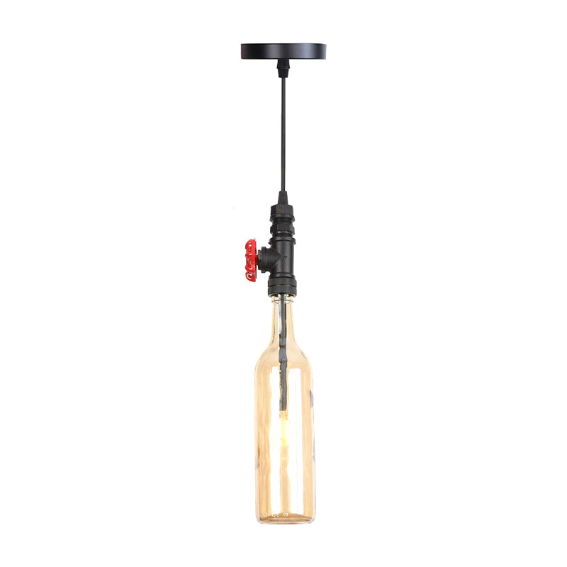 1 Light Pipe Hanging Lighting Industrial Black/Aged Silver/Antique Bronze Metal Pendant Lamp with Wine Bottle Brown/Blue/Green Glass Shade Black Amber Clearhalo 'Ceiling Lights' 'Chandeliers' 'Glass shade' 'Glass' 'Industrial Pendants' 'Industrial' 'Middle Century Pendants' 'Pendant Lights' 'Pendants' 'Tiffany' Lighting' 1971846