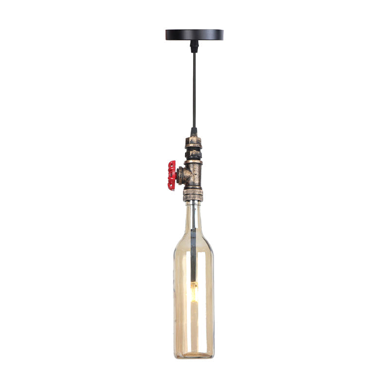 1 Light Pipe Hanging Lighting Industrial Black/Aged Silver/Antique Bronze Metal Pendant Lamp with Wine Bottle Brown/Blue/Green Glass Shade Antique Bronze Amber Clearhalo 'Ceiling Lights' 'Chandeliers' 'Glass shade' 'Glass' 'Industrial Pendants' 'Industrial' 'Middle Century Pendants' 'Pendant Lights' 'Pendants' 'Tiffany' Lighting' 1971848