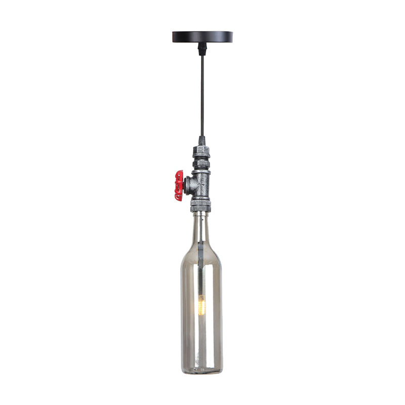 1 Light Pipe Hanging Lighting Industrial Black/Aged Silver/Antique Bronze Metal Pendant Lamp with Wine Bottle Brown/Blue/Green Glass Shade Aged Silver Smoke Grey Clearhalo 'Ceiling Lights' 'Chandeliers' 'Glass shade' 'Glass' 'Industrial Pendants' 'Industrial' 'Middle Century Pendants' 'Pendant Lights' 'Pendants' 'Tiffany' Lighting' 1971849