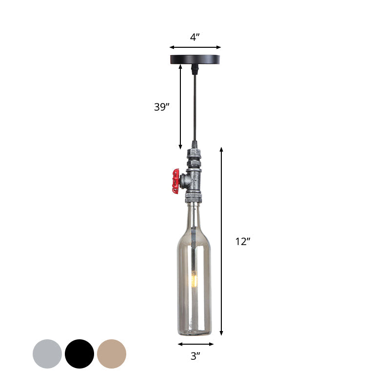 1 Light Pipe Hanging Lighting Industrial Black/Aged Silver/Antique Bronze Metal Pendant Lamp with Wine Bottle Brown/Blue/Green Glass Shade Clearhalo 'Ceiling Lights' 'Chandeliers' 'Glass shade' 'Glass' 'Industrial Pendants' 'Industrial' 'Middle Century Pendants' 'Pendant Lights' 'Pendants' 'Tiffany' Lighting' 1971851