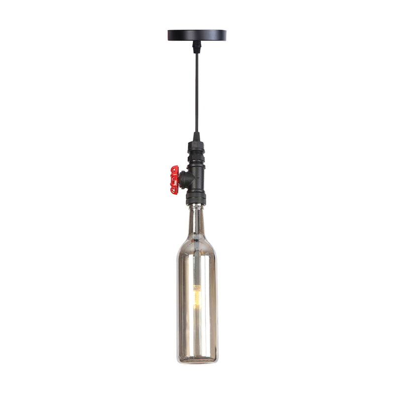 1 Light Pipe Hanging Lighting Industrial Black/Aged Silver/Antique Bronze Metal Pendant Lamp with Wine Bottle Brown/Blue/Green Glass Shade Black Smoke Grey Clearhalo 'Ceiling Lights' 'Chandeliers' 'Glass shade' 'Glass' 'Industrial Pendants' 'Industrial' 'Middle Century Pendants' 'Pendant Lights' 'Pendants' 'Tiffany' Lighting' 1971852