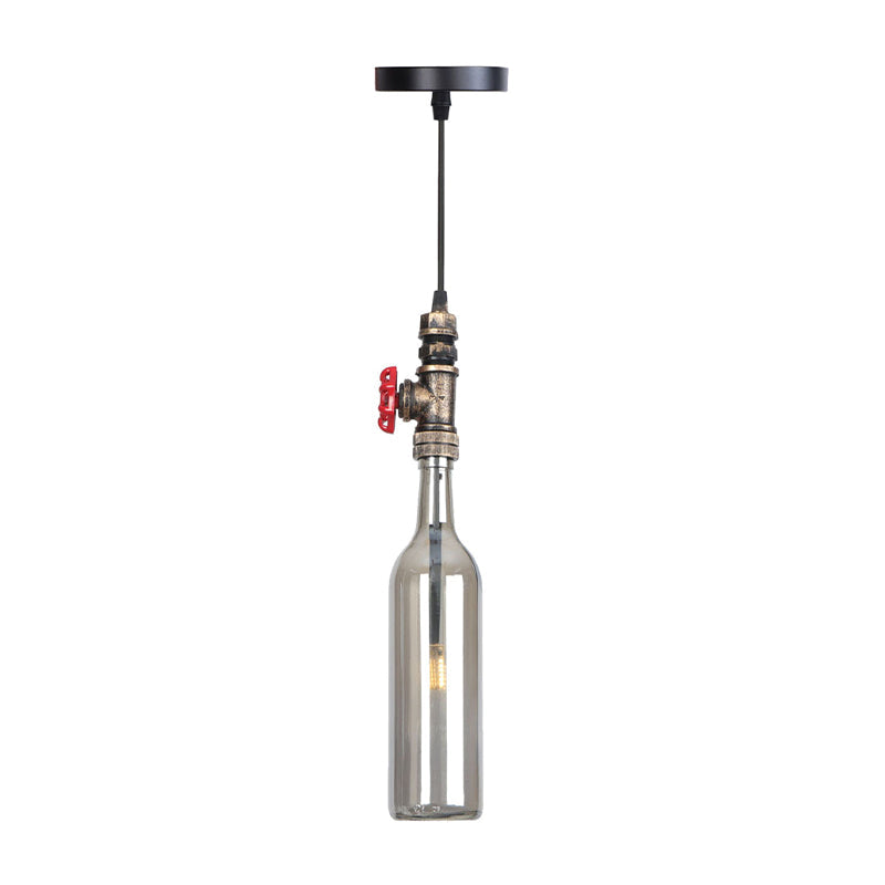 1 Light Pipe Hanging Lighting Industrial Black/Aged Silver/Antique Bronze Metal Pendant Lamp with Wine Bottle Brown/Blue/Green Glass Shade Antique Bronze Smoke Grey Clearhalo 'Ceiling Lights' 'Chandeliers' 'Glass shade' 'Glass' 'Industrial Pendants' 'Industrial' 'Middle Century Pendants' 'Pendant Lights' 'Pendants' 'Tiffany' Lighting' 1971855