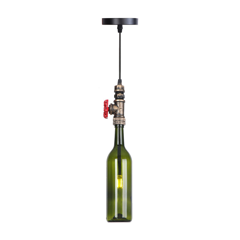 1 Light Pipe Hanging Lighting Industrial Black/Aged Silver/Antique Bronze Metal Pendant Lamp with Wine Bottle Brown/Blue/Green Glass Shade Antique Bronze Green Clearhalo 'Ceiling Lights' 'Chandeliers' 'Glass shade' 'Glass' 'Industrial Pendants' 'Industrial' 'Middle Century Pendants' 'Pendant Lights' 'Pendants' 'Tiffany' Lighting' 1971863