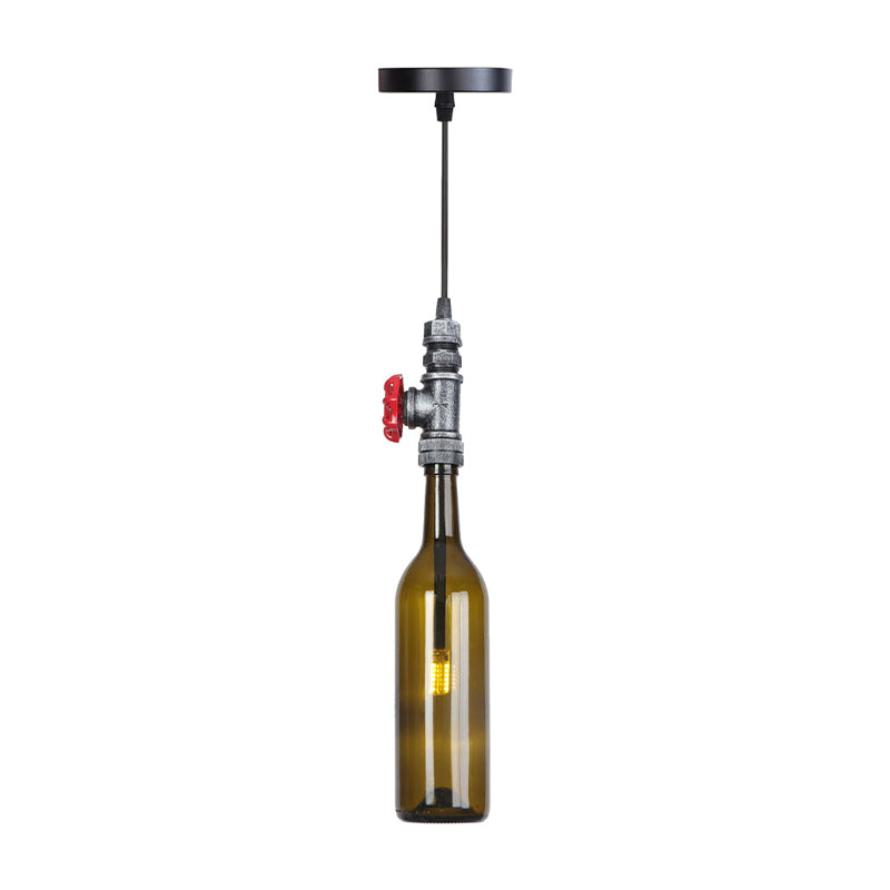 1 Light Pipe Hanging Lighting Industrial Black/Aged Silver/Antique Bronze Metal Pendant Lamp with Wine Bottle Brown/Blue/Green Glass Shade Aged Silver Brown Clearhalo 'Ceiling Lights' 'Chandeliers' 'Glass shade' 'Glass' 'Industrial Pendants' 'Industrial' 'Middle Century Pendants' 'Pendant Lights' 'Pendants' 'Tiffany' Lighting' 1971865