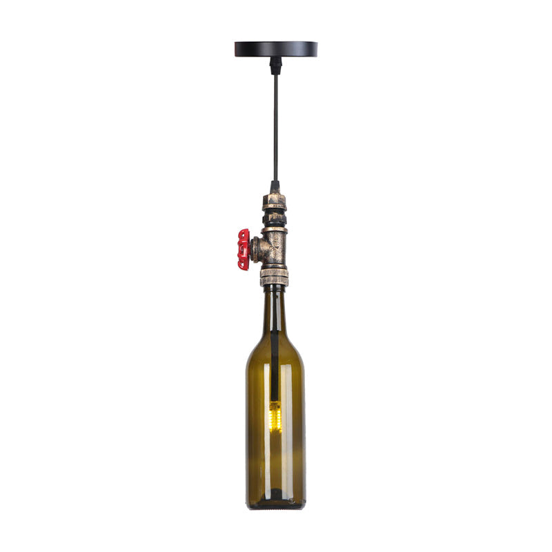 1 Light Pipe Hanging Lighting Industrial Black/Aged Silver/Antique Bronze Metal Pendant Lamp with Wine Bottle Brown/Blue/Green Glass Shade Antique Bronze Brown Clearhalo 'Ceiling Lights' 'Chandeliers' 'Glass shade' 'Glass' 'Industrial Pendants' 'Industrial' 'Middle Century Pendants' 'Pendant Lights' 'Pendants' 'Tiffany' Lighting' 1971870