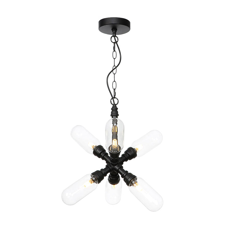 Vintage Starburst Chandelier Lighting 5/6/8 Lights Amber/Clear Glass Hanging Pendant Lamp in Black Clearhalo 'Ceiling Lights' 'Chandeliers' 'Clear' 'Glass shade' 'Glass' 'Industrial Chandeliers' 'Industrial' 'Middle Century Chandeliers' 'Modern' 'Tiffany' 'Traditional Chandeliers' Lighting' 1971962