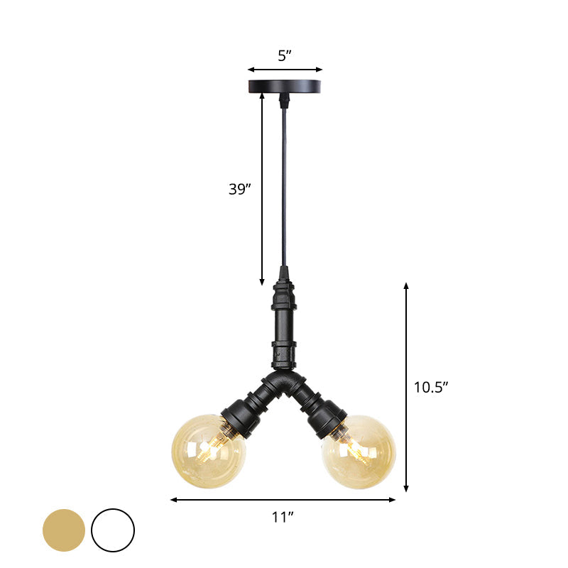 2 Lights Hanging Light Kit Industrial Restaurant LED Pendant Chandelier with Global Amber/Clear Glass Shade Clearhalo 'Ceiling Lights' 'Chandeliers' 'Clear' 'Close To Ceiling Lights' 'Glass shade' 'Glass' 'Industrial Chandeliers' 'Industrial' 'Middle Century Chandeliers' 'Modern' 'Tiffany' 'Traditional Chandeliers' Lighting' 1971982