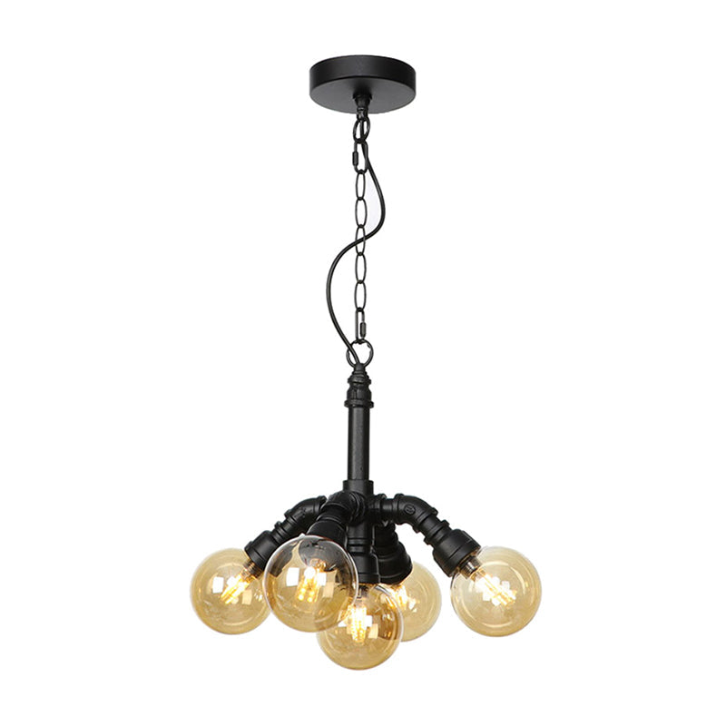 Sphere Amber/Clear Glass Ceiling Chandelier Farmhouse 3/4/5 Lights Living Room Suspension Light in Black Amber D Clearhalo 'Ceiling Lights' 'Chandeliers' 'Clear' 'Glass shade' 'Glass' 'Industrial Chandeliers' 'Industrial' 'Middle Century Chandeliers' 'Modern' 'Tiffany' 'Traditional Chandeliers' Lighting' 1972002