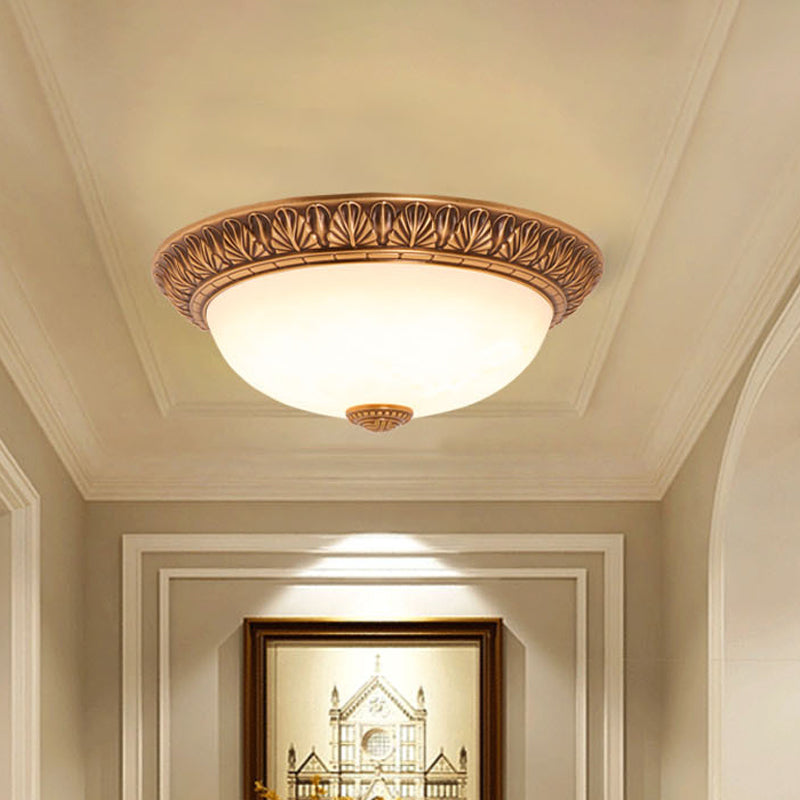 Cream Glass Bronze Flush Mount Light Flower/Leaf/Floral-Trimmed Bowl Traditional LED Ceiling Light Fixture, 12"/16" W Clearhalo 'Ceiling Lights' 'Close To Ceiling Lights' 'Close to ceiling' 'Flush mount' Lighting' 1972024