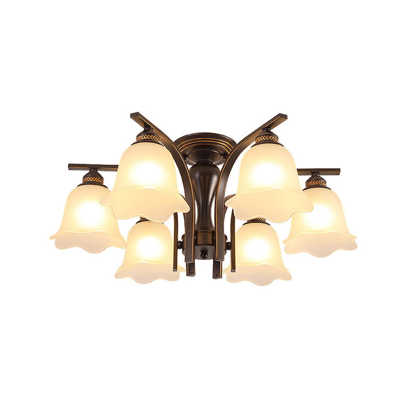 3/6 Heads Cylinder/Flower Ceiling Light Rural Black/Gold White Glass/Clear Crystal Semi Flush Chandelier for Dining Room 6 Black White Clearhalo 'Ceiling Lights' 'Close To Ceiling Lights' 'Close to ceiling' 'Semi-flushmount' Lighting' 1972068