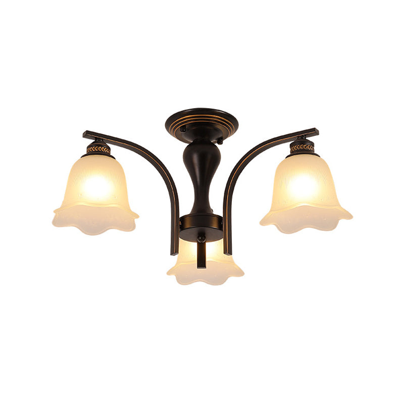 3/6 Heads Cylinder/Flower Ceiling Light Rural Black/Gold White Glass/Clear Crystal Semi Flush Chandelier for Dining Room 3 Black White Clearhalo 'Ceiling Lights' 'Close To Ceiling Lights' 'Close to ceiling' 'Semi-flushmount' Lighting' 1972071