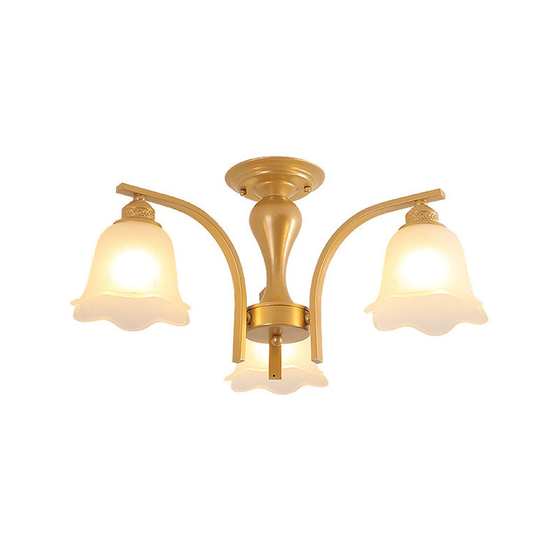 3/6 Heads Cylinder/Flower Ceiling Light Rural Black/Gold White Glass/Clear Crystal Semi Flush Chandelier for Dining Room 3 Gold White Clearhalo 'Ceiling Lights' 'Close To Ceiling Lights' 'Close to ceiling' 'Semi-flushmount' Lighting' 1972073