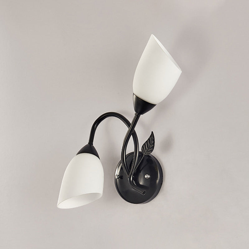 Rustic Tulip Wall Sconce Light 2 Bulbs Opal Frosted Glass Wall Mounted Lamp in Black/Gold for Bedroom Clearhalo 'Wall Lamps & Sconces' 'Wall Lights' Lighting' 1972163