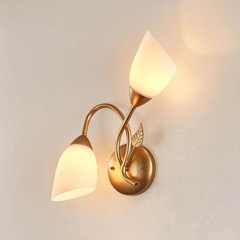 Rustic Tulip Wall Sconce Light 2 Bulbs Opal Frosted Glass Wall Mounted Lamp in Black/Gold for Bedroom Clearhalo 'Wall Lamps & Sconces' 'Wall Lights' Lighting' 1972171
