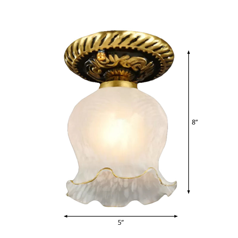 Single Floral Small Flushmount Rustic Brass Frosted White Glass Flush Mount Ceiling Light for Hallway Clearhalo 'Ceiling Lights' 'Close To Ceiling Lights' 'Close to ceiling' 'Flush mount' Lighting' 1972179