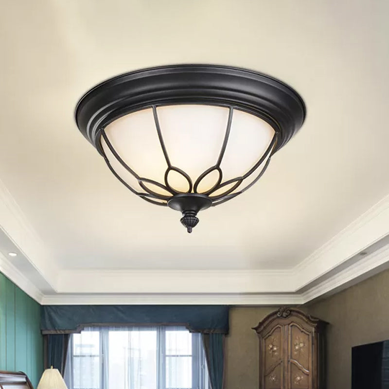 6"/7"/8.5" W Retro Hemisphere Flush Light Opal Frosted Glass LED Flush Mount Ceiling Lamp with Cage Guard in Black/Gold Clearhalo 'Ceiling Lights' 'Close To Ceiling Lights' 'Close to ceiling' 'Flush mount' Lighting' 1972193