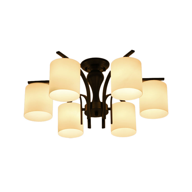 White Glass Cylinder Semi Mount Lighting Vintage 3/5/8-Light Living Room Flush Ceiling Light in Black Clearhalo 'Ceiling Lights' 'Close To Ceiling Lights' 'Close to ceiling' 'Semi-flushmount' Lighting' 1972224