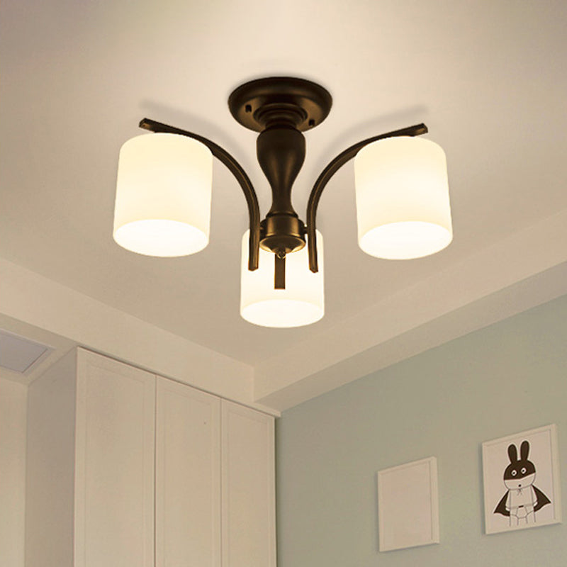 White Glass Cylinder Semi Mount Lighting Vintage 3/5/8-Light Living Room Flush Ceiling Light in Black Clearhalo 'Ceiling Lights' 'Close To Ceiling Lights' 'Close to ceiling' 'Semi-flushmount' Lighting' 1972232