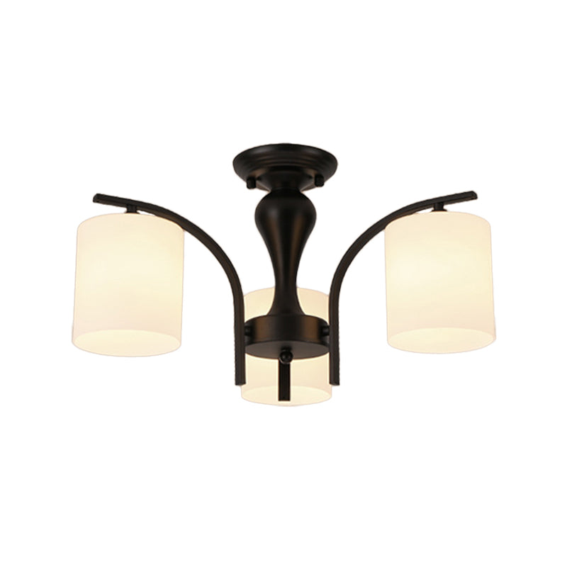 White Glass Cylinder Semi Mount Lighting Vintage 3/5/8-Light Living Room Flush Ceiling Light in Black Clearhalo 'Ceiling Lights' 'Close To Ceiling Lights' 'Close to ceiling' 'Semi-flushmount' Lighting' 1972233