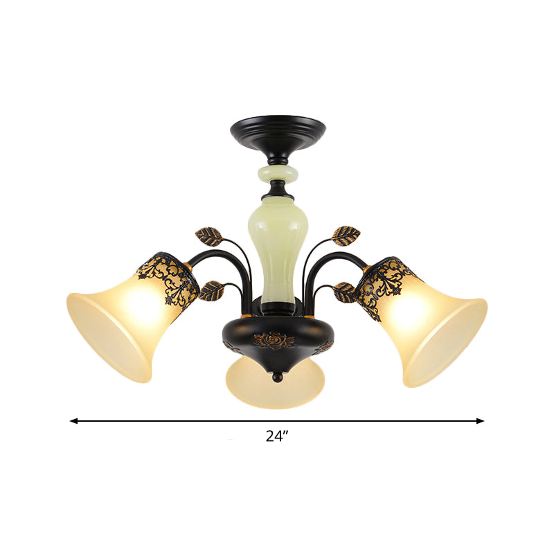 Frosted Glass Morning Glory Chandelier Farmhouse 3/6/8 Lights Living Room Ceiling Pendant in Black/White Clearhalo 'Ceiling Lights' 'Close To Ceiling Lights' 'Close to ceiling' 'Glass shade' 'Glass' 'Pendant Lights' 'Semi-flushmount' Lighting' 1972248