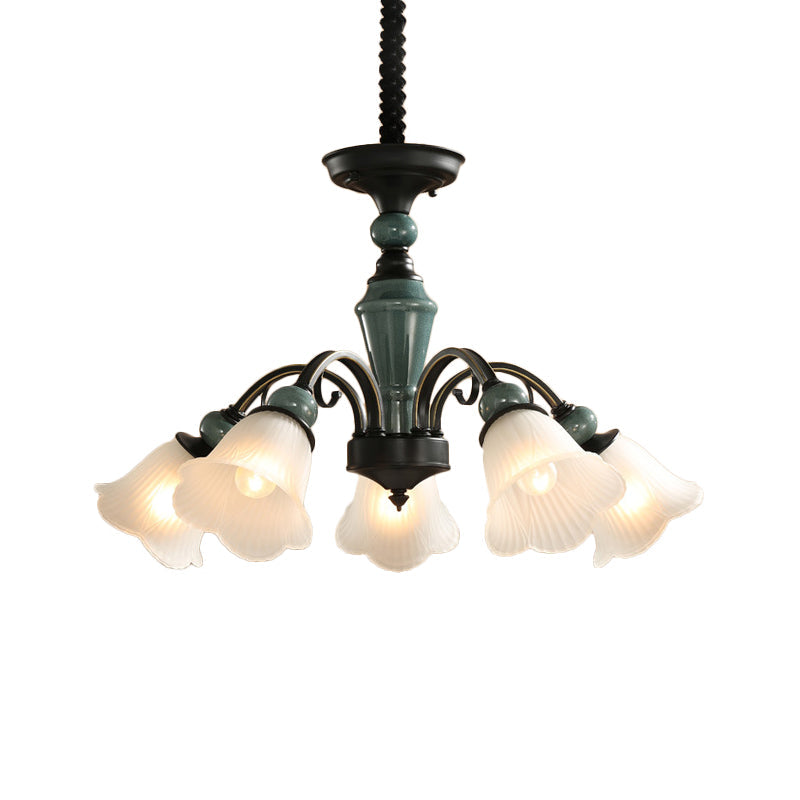 Peacock Green 5/6/8 Bulbs Drop Lamp Rustic Ribbed Frosted Glass Flower Blossom Chandelier Clearhalo 'Ceiling Lights' 'Chandeliers' Lighting' options 1972346