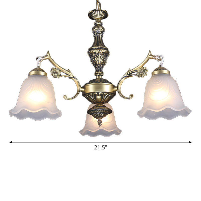 Ruffle Bedroom Hanging Light Kit Traditional Frosted Glass 3-Light Bronze Finish Chandelier Clearhalo 'Ceiling Lights' 'Chandeliers' Lighting' options 1972352