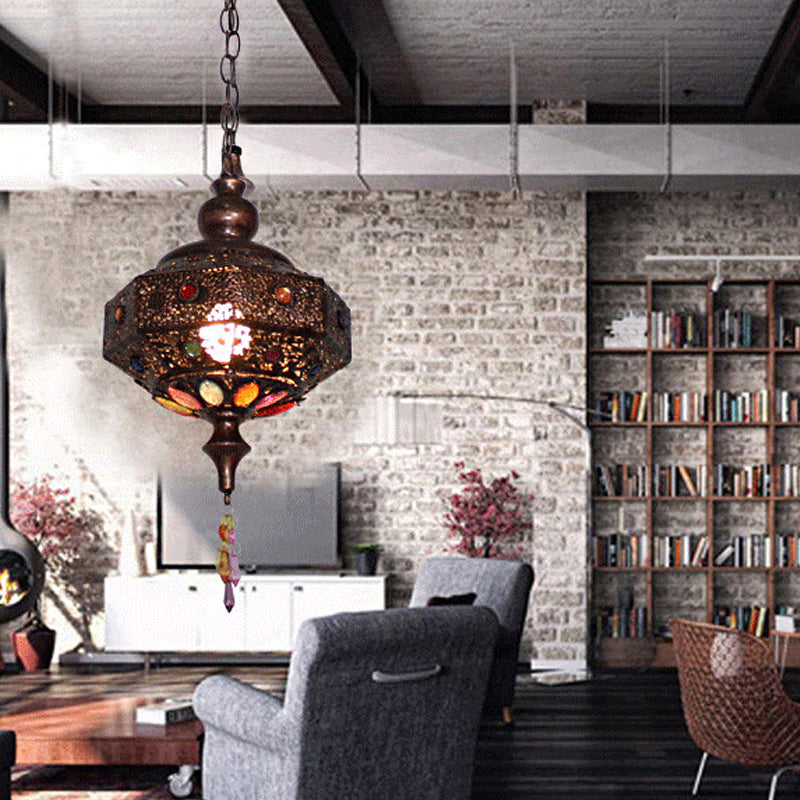 Weathered Copper Octagonal Pendant Lamp Bohemian Stained Glass 1 Bulb Dining Room Ceiling Hanging Lantern Clearhalo 'Ceiling Lights' 'Pendant Lights' 'Pendants' Lighting' 1972450