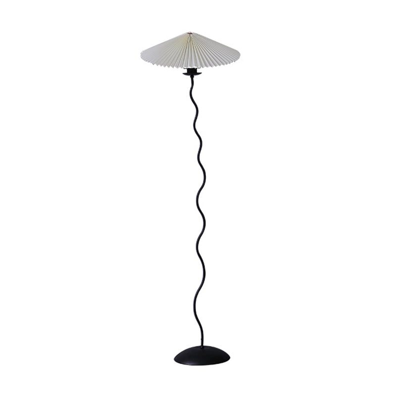 Conical Pleated Fabric Floor Light Rustic 1 Bulb Living Room Stand Up Lamp in White/Coffee/Burgundy with Curved Pole Clearhalo 'Floor Lamps' 'Lamps' Lighting' 1972912