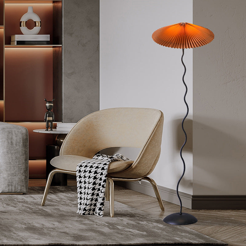 Conical Pleated Fabric Floor Light Rustic 1 Bulb Living Room Stand Up Lamp in White/Coffee/Burgundy with Curved Pole Clearhalo 'Floor Lamps' 'Lamps' Lighting' 1972917