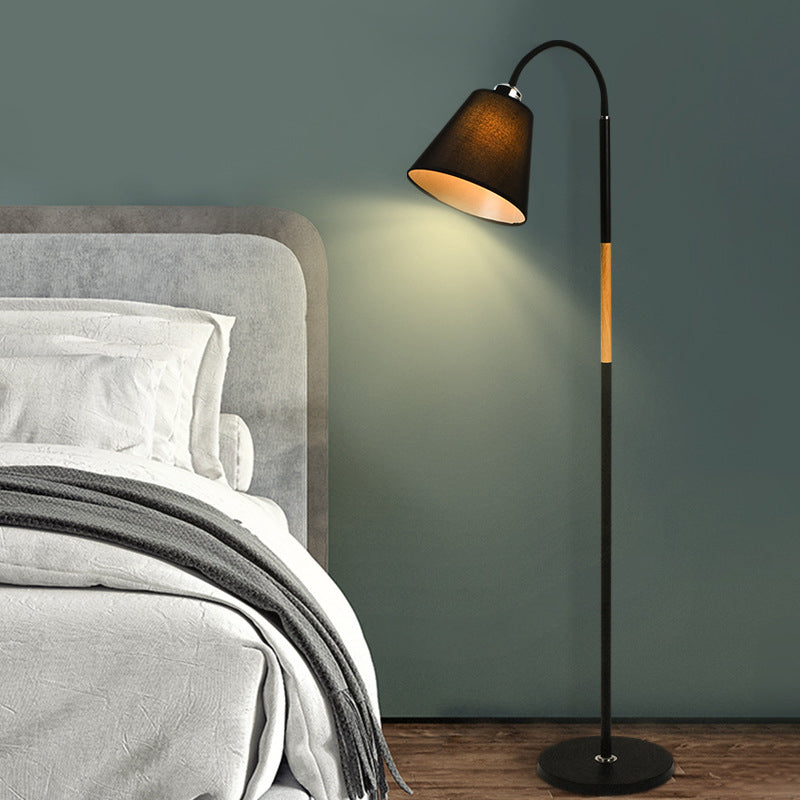 Nordic Single Floor Lamp Black/White and Wood Gooseneck Standing Light with Cone Fabric Shade Clearhalo 'Floor Lamps' 'Lamps' Lighting' 1972945