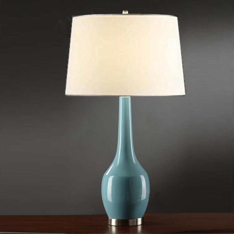 Tapered Drum Fabric Table Light Modern 1-Light Yellow/Blue/Orange Nightstand Lamp with Long Neck Vase Base Blue Clearhalo 'Lamps' 'Table Lamps' Lighting' 1973005