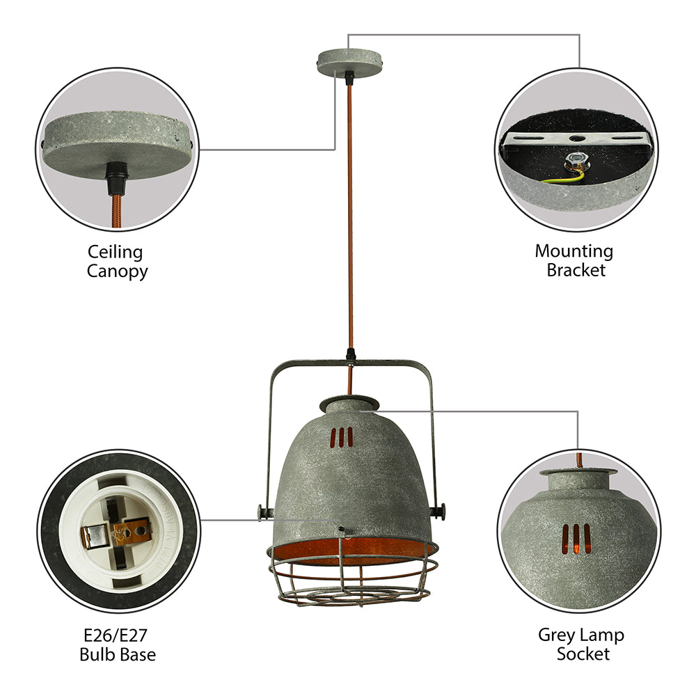 Wrought Iron Bell/Dome Shade Pendant Lighting Industrial 1 Light Living Room Hanging Lamp with Wire Guard in Grey Clearhalo 'Art Deco Pendants' 'Cast Iron' 'Ceiling Lights' 'Ceramic' 'Crystal' 'Industrial Pendants' 'Industrial' 'Metal' 'Middle Century Pendants' 'Pendant Lights' 'Pendants' 'Tiffany' Lighting' 19798