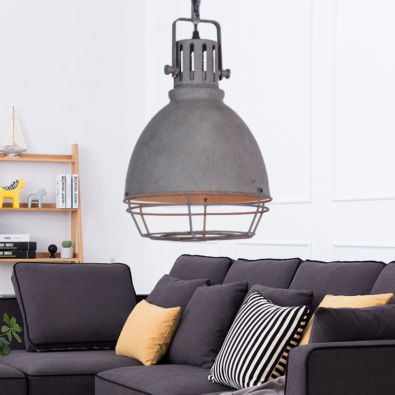 Wrought Iron Bell/Dome Shade Pendant Lighting Industrial 1 Light Living Room Hanging Lamp with Wire Guard in Grey Grey Dome Clearhalo 'Art Deco Pendants' 'Cast Iron' 'Ceiling Lights' 'Ceramic' 'Crystal' 'Industrial Pendants' 'Industrial' 'Metal' 'Middle Century Pendants' 'Pendant Lights' 'Pendants' 'Tiffany' Lighting' 19799