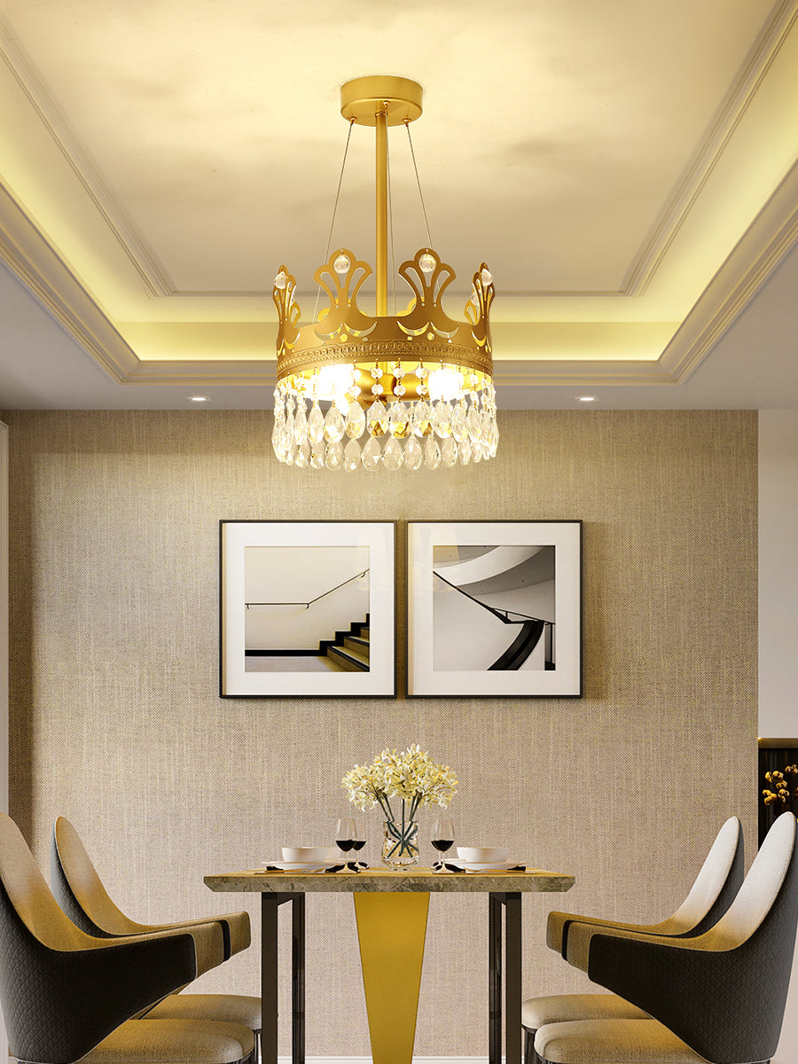 Crown Chandelier Lamp Simplicity Metal 3/4/6 Lights Bedroom Pendant Lighting in Brass with Crystal Drop, 12"/18"/23.5" W Brass 12" Clearhalo 'Ceiling Lights' 'Chandeliers' 'Modern Chandeliers' 'Modern' Lighting' 1981716