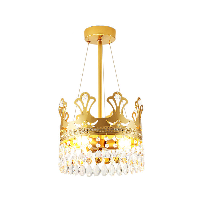 Crown Chandelier Lamp Simplicity Metal 3/4/6 Lights Bedroom Pendant Lighting in Brass with Crystal Drop, 12"/18"/23.5" W Clearhalo 'Ceiling Lights' 'Chandeliers' 'Modern Chandeliers' 'Modern' Lighting' 1981719
