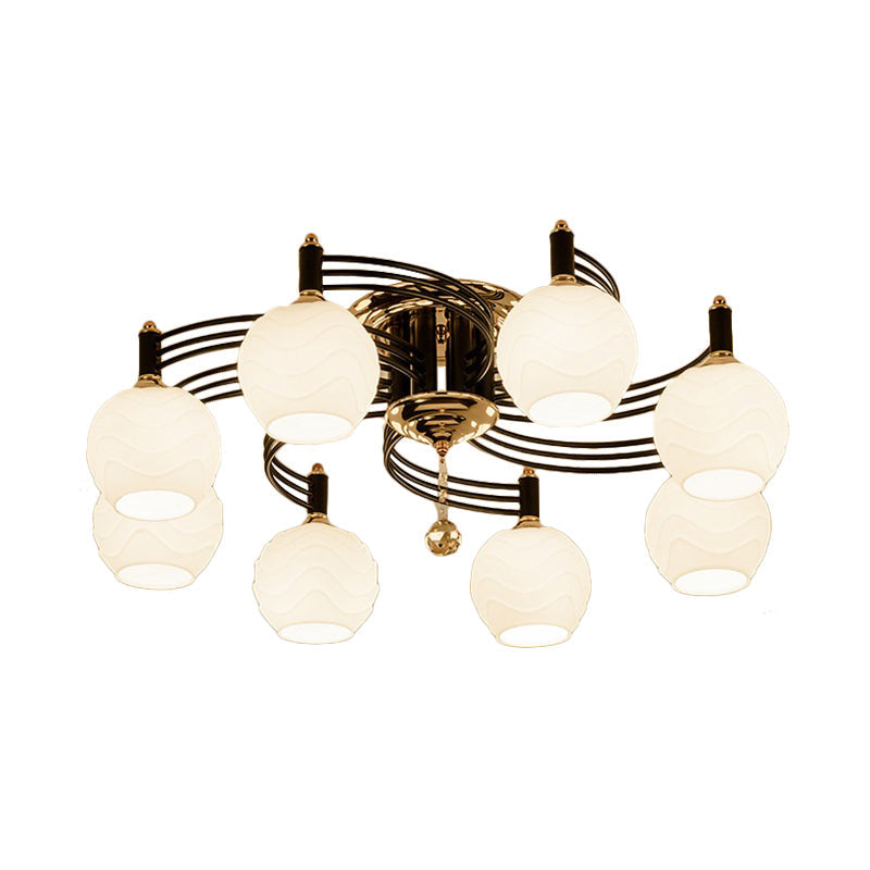 Black 3/6/8 Heads Semi Flush Mount Vintage Style White Glass Swirl Arm Designed Ceiling Light Fixture Clearhalo 'Ceiling Lights' 'Close To Ceiling Lights' 'Close to ceiling' 'Flush mount' Lighting' 1981743