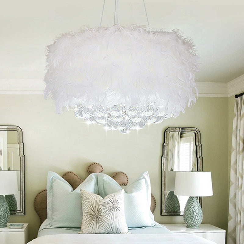 Drum Bedroom Ceiling Pendant Feather 3/9/11-Bulb Minimalist Chandelier Light in White with Crystal Orb, 16"/18"/23.5" W Clearhalo 'Ceiling Lights' 'Chandeliers' 'Modern Chandeliers' 'Modern' Lighting' 1981789