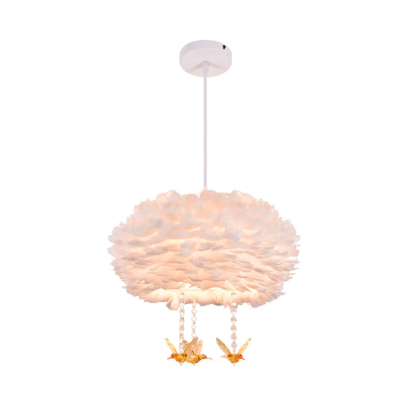 Drum Chandelier Modern Style Feather 3/4/5-Head White Pendant Light with Amber Bird Decor, 16"/19.5"/31.5" Width Clearhalo 'Ceiling Lights' 'Chandeliers' 'Modern Chandeliers' 'Modern' Lighting' 1981800