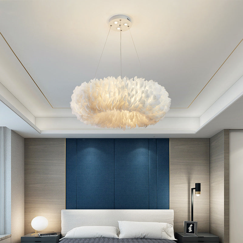 Circular Feather Suspension Pendant Light Simple 19.5"/27.5"/31.5" Wide 8 Bulbs White Hanging Lamp Clearhalo 'Ceiling Lights' 'Chandeliers' 'Modern Chandeliers' 'Modern' Lighting' 1981807