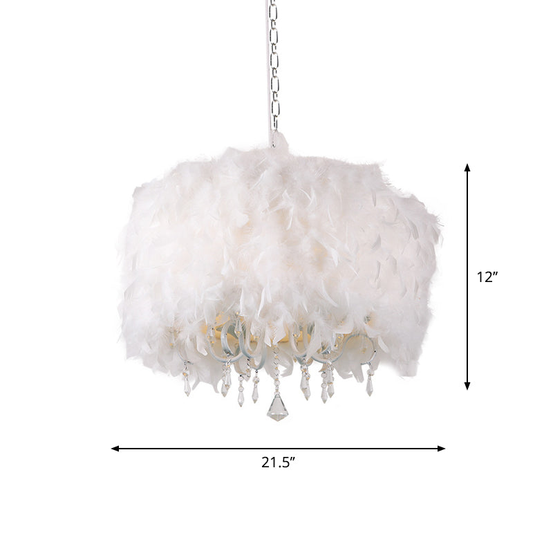 5 Lights Dining Room Chandelier Nordic White Hanging Pendant with Drum Feather Shade and Teardrop Crystal Clearhalo 'Ceiling Lights' 'Chandeliers' 'Modern Chandeliers' 'Modern' Lighting' 1981826