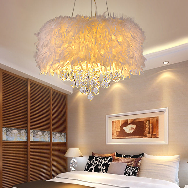 White Drum Pendant Chandelier Modern 5/6/9-Light Feather Hanging Lamp with Crystal Drop, 16"/19.5"/27.5" Wide White 23.5" Clearhalo 'Ceiling Lights' 'Chandeliers' 'Modern Chandeliers' 'Modern' Lighting' 1981827