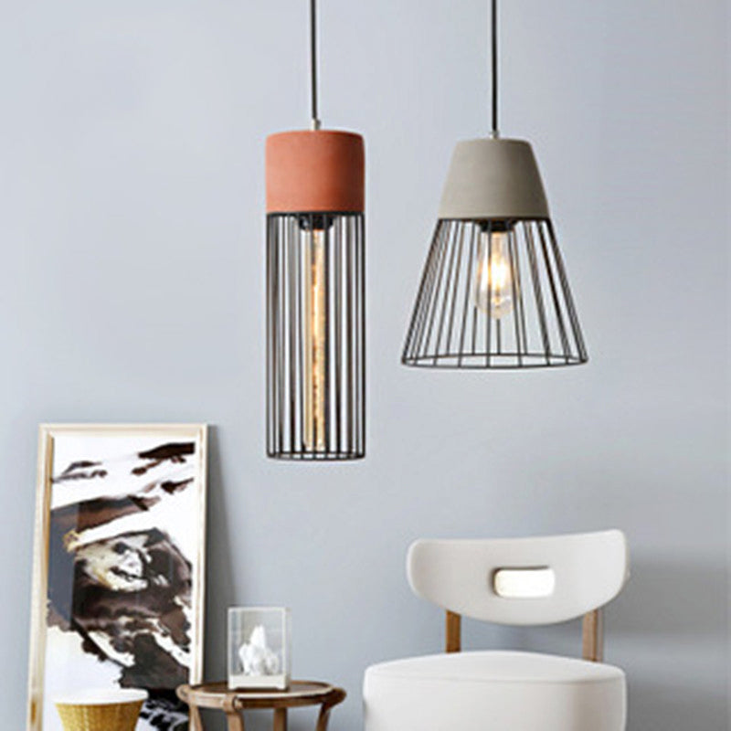 1 Light Suspension Lamp Loft Bedside Pendant Lighting with Cone/Tube Iron Cage and Cement Top in Grey/Red Clearhalo 'Art Deco Pendants' 'Cast Iron' 'Ceiling Lights' 'Ceramic' 'Crystal' 'Industrial Pendants' 'Industrial' 'Metal' 'Middle Century Pendants' 'Pendant Lights' 'Pendants' 'Tiffany' Lighting' 1981927
